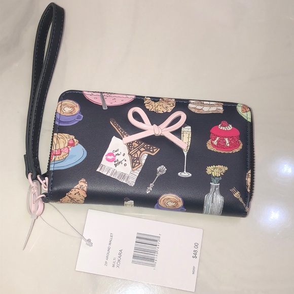 Betsey Johnson Black Faux Leather ZA Wallet Multi Colored Paris Dessert NWT - Picture 2 of 16